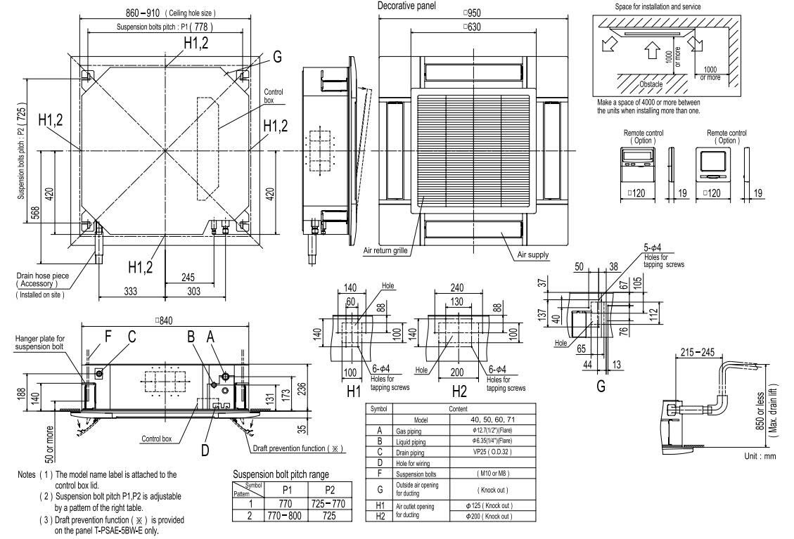 KÍCH THƯỚC DÀN LẠNH - 1 CHIỀU LẠNH - INVERTER | FDT40YA-W5, 5OYA-W5, 60YA-W5, 71YA-W5